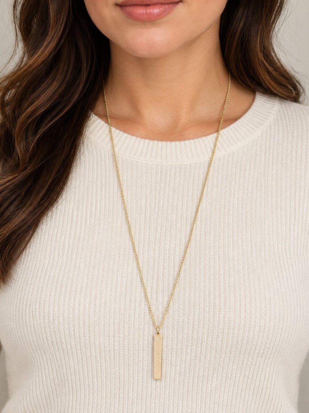 Gold Tone Long Layering‎ Necklace Textured Vertical Bar Pendant Minimalist